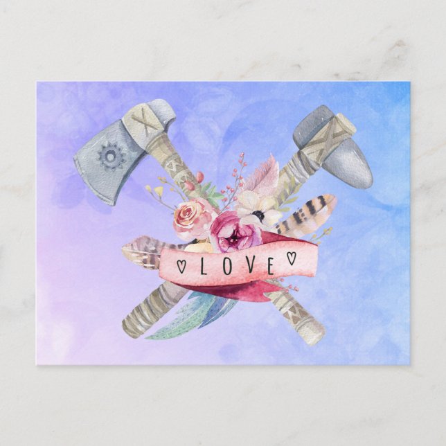 Tomahawk Hammer and Flowers Watercolor Design Postcard (Front)