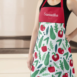 Tomato and Cucumber Vegetable Pattern w Name Red A Apron