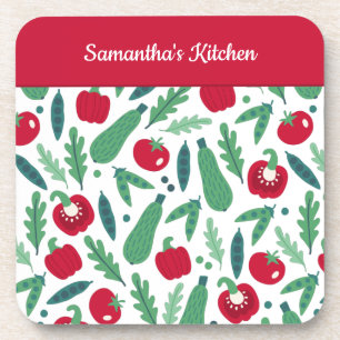 Tomato and Cucumber Vegetable Pattern w Name Red Coaster