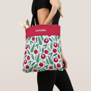 Tomato and Cucumber Vegetable Pattern w Name Red Tote Bag