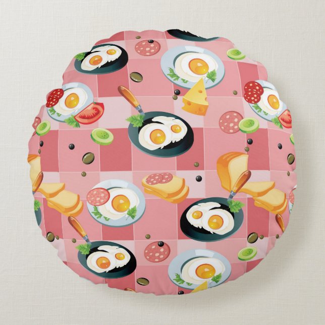 Tomato and Fried Eggs Pattern Round Cushion (Front)