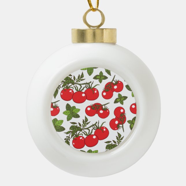 Tomato Basil Seamless Kitchen Pattern Ceramic Ball Christmas Ornament (Front)