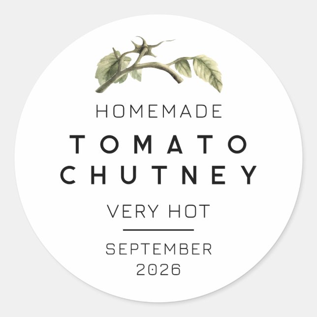 Tomato Chutney label with watercolour tomato leaf (Front)