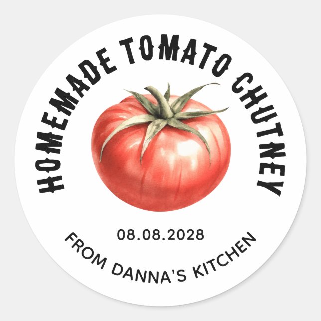 Tomato Chutney preserve with watercolour tomato Classic Round Sticker (Front)