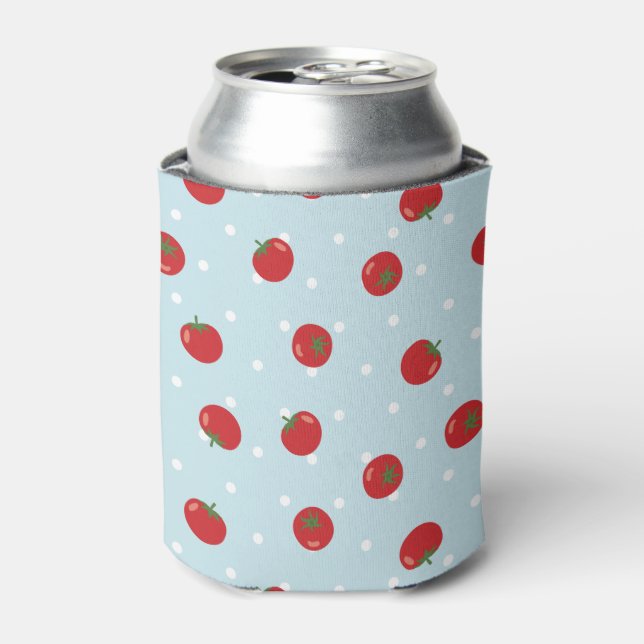 Tomato pattern with blue polka dot background can cooler (Can Front)