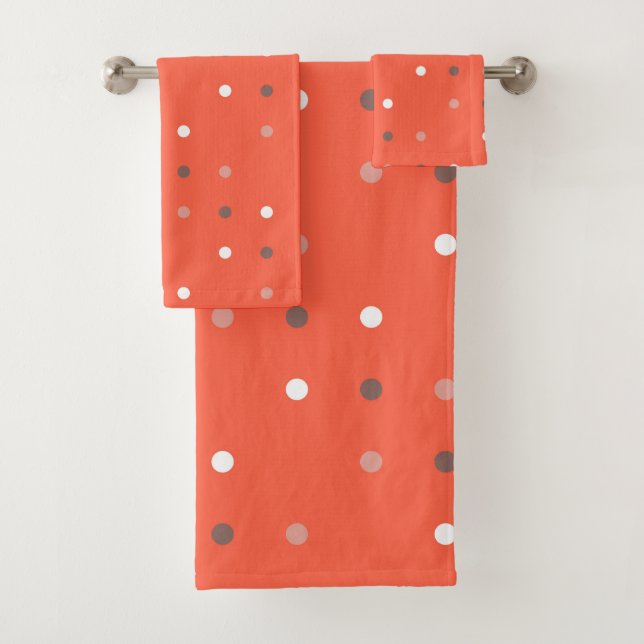 tomato red, brown and white dots bath towel set (Insitu)