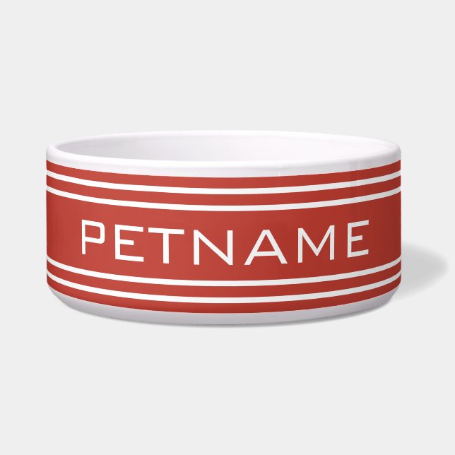 Tomato Red Stripes custom monogram pet bowls (Front)