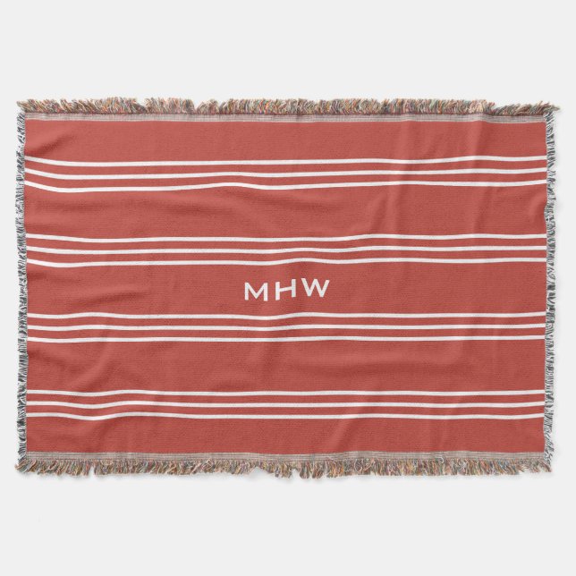 Tomato Red Stripes custom monogram throw blanket (Front)