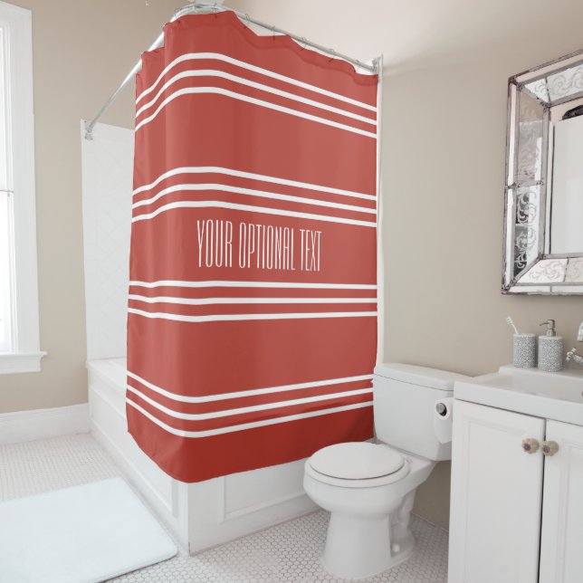 Tomato Red Stripes Custom Text shower curtain (In Situ)