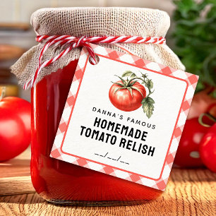 Tomato Relish tag with chequered pattern in red