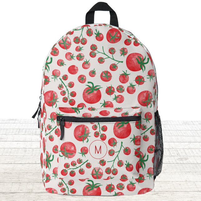 Tomato Watercolor Mediterranean Monogram Initial Printed Backpack (Fun monogram initial personalized watercolor tomato Mediterranean backpack)