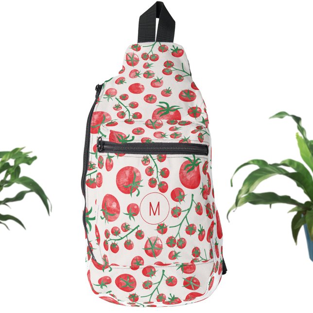 Tomato Watercolor Mediterranean Monogram Initial Sling Bag (Monogram initial personalized watercolor tomato print Mediterranean summer sling bag backpack)