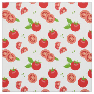 Tomatoes and Tomato Slices Pattern on White Fabric