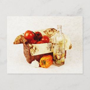Tomatoes in a basket and olive oil postcard