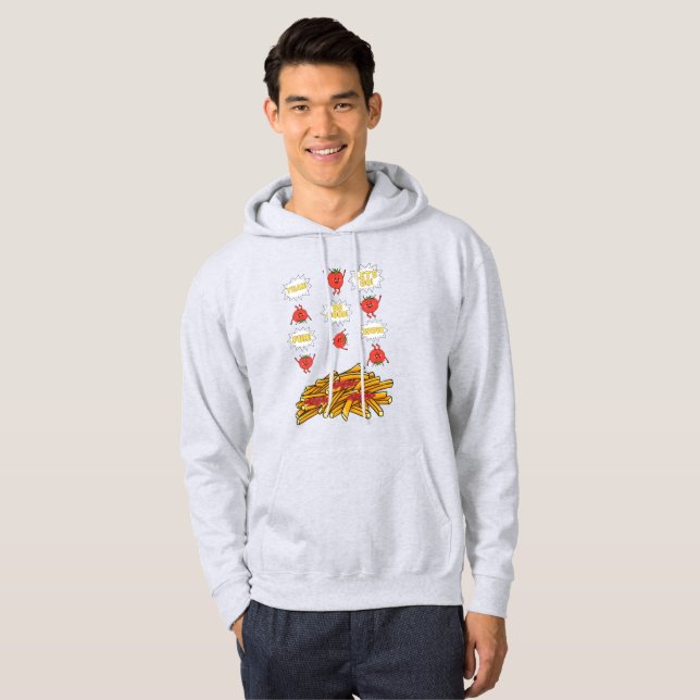 tomatoes jumping to fried potatoes, cartoon hoodie (Front Full)