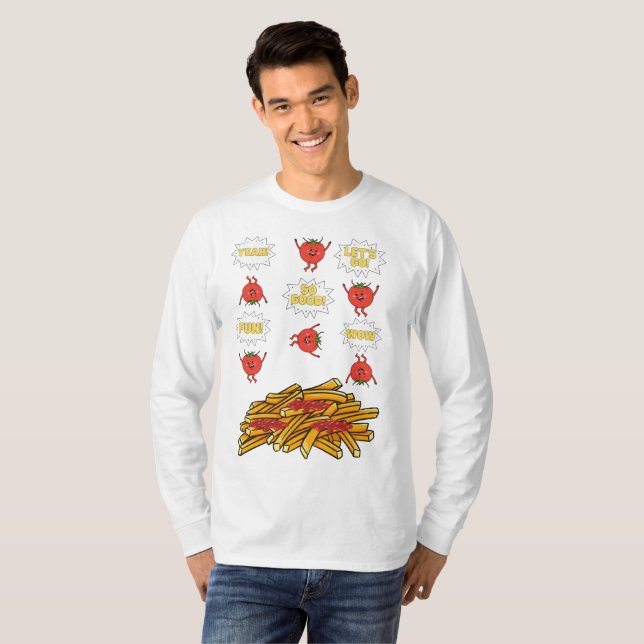 tomatoes jumping to fried potatoes, cartoon T-Shirt (Front Full)