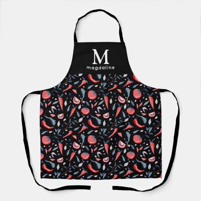 Tomatoes Pattern Black Monogram Name Vegetable Apron (Front)