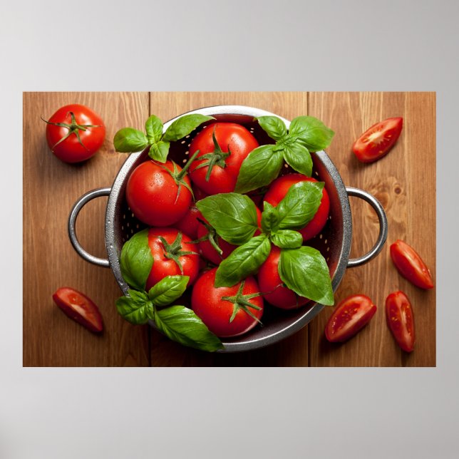 Tomatoes With Basil In Colander Poster (Front)