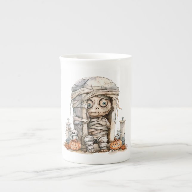 Tombside Trouble – Mummy Mischief & Mini Monsters Bone China Mug (Front)