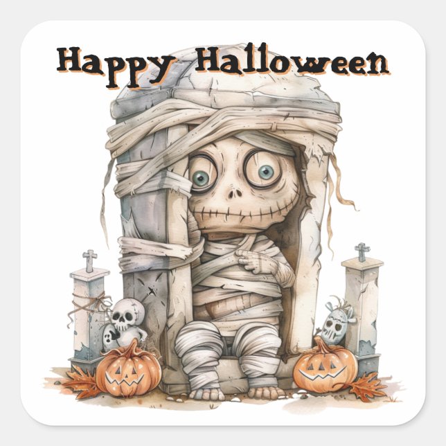 Tombside Trouble – Mummy Mischief & Mini Monsters Square Sticker (Front)