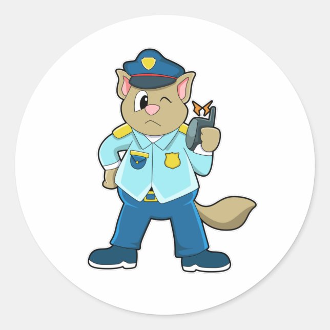 Tomcat as Police officer with Uniform & Microphone Classic Round Sticker (Front)