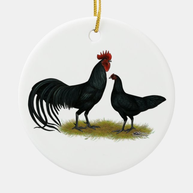 Tomeru Long Crower Chickens Ceramic Tree Decoration (Front)