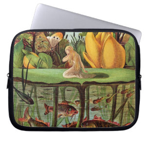 Tommelise very desolate on the water lily leaf, in laptop sleeve