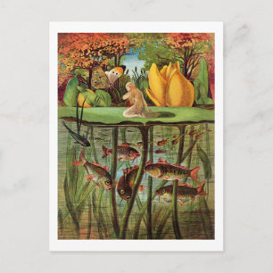 Tommelise very desolate on the water lily leaf, in postcard