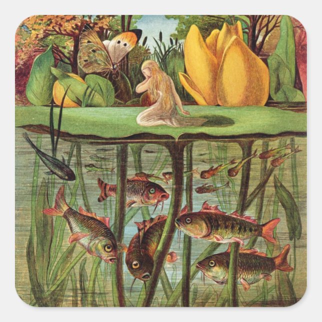 Tommelise very desolate on the water lily leaf, in square sticker (Front)