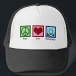 Tomographer Peace Love Tomography Trucker Hat<br><div class="desc">Peace Love Tomography. A cute tomographer gift for an CT scan technician or technologist who works in imaging with a tomograph.</div>