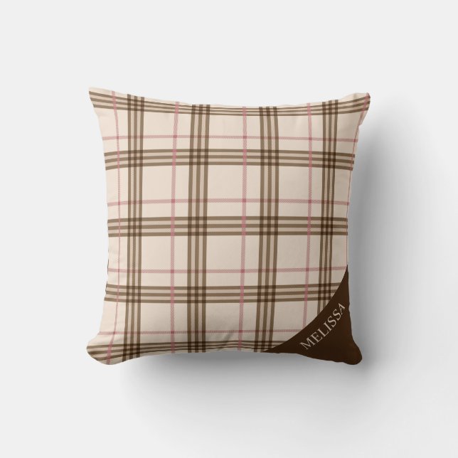 Tompson beige brown red pink rose gold tartan cushion (Front)