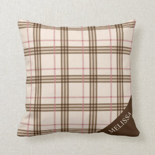Tompson beige brown red pink rose gold tartan cushion