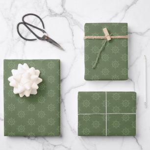 Tonal Ships Wheel on Reseda Green Wrapping Paper Sheet
