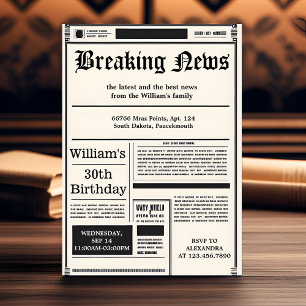 Tone Chic Retro men adult newspaper 30th birthday Invitation