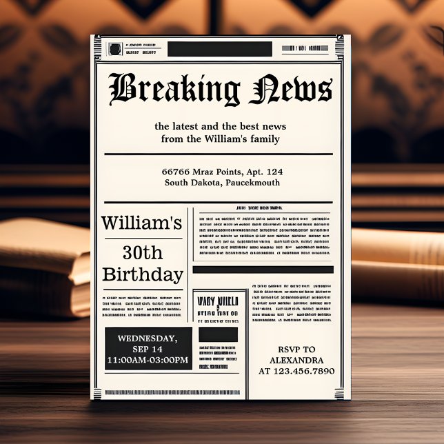 Tone Chic Retro men adult newspaper 30th birthday Invitation (Creator Uploaded)