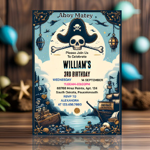 Tone Ship Kids Cool Flag Boat Pirate 3rd Birthday Invitation