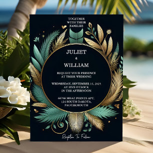 Tone Wreath Palm Tree Beach Green And Gold Wedding Invitation
