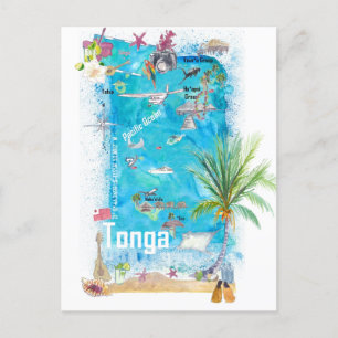 Tonga Polynesia Illustrated Travel Map Postcard