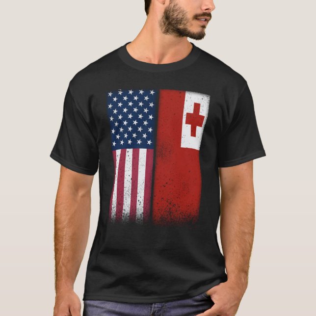 Tonga Tongan American Flags Proud USA Tonga T-Shirt (Front)