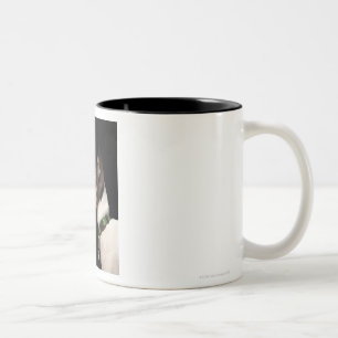 Tongue out of black and White Rat Terrier Two-Tone Coffee Mug