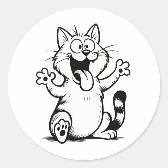 "Tongue Out, Paws Up!" – Funny Cartoon Cat Classic Round Sticker (Front)