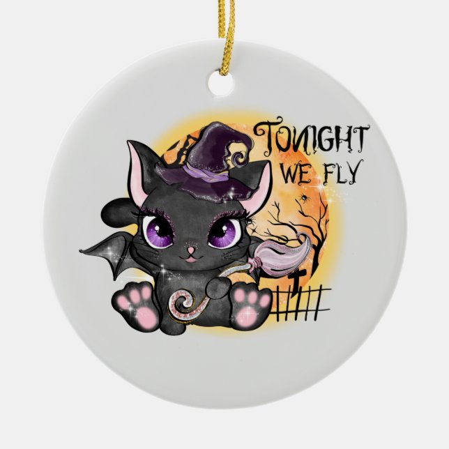 Tonight We Fly – Black Witch Cat Ceramic Ornament (Front)
