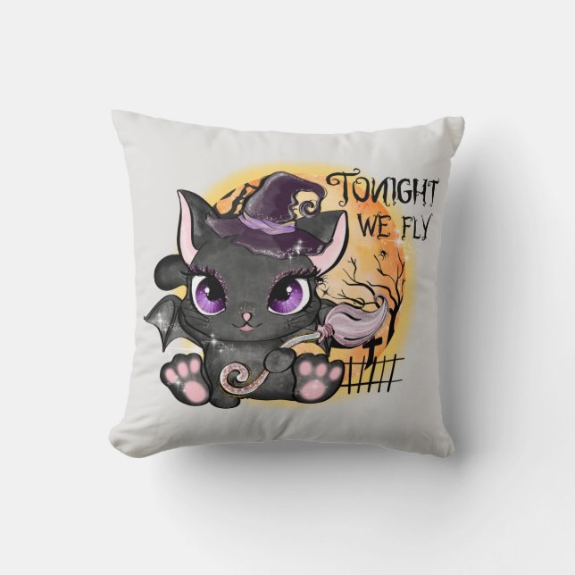 Tonight We Fly – Black Witch Cat Cushion (Front)
