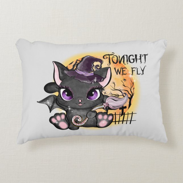Tonight We Fly – Black Witch Cat Decorative Cushion (Front)