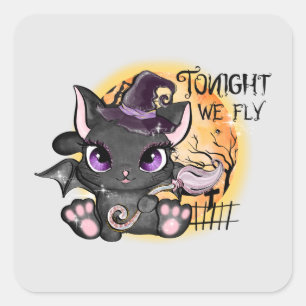 Tonight We Fly – Black Witch Cat Square Sticker