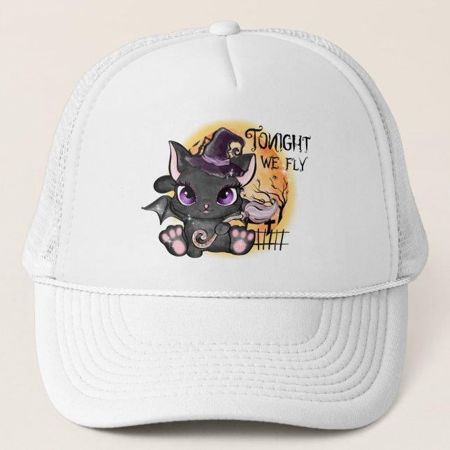 Tonight We Fly – Black Witch Cat Trucker Hat (Front)