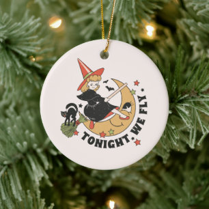 Tonight We Fly – Cute Witch and Black Cat Ceramic Ornament