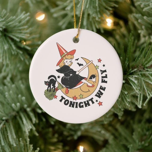 Tonight We Fly – Cute Witch and Black Cat Ceramic Ornament (Tree)