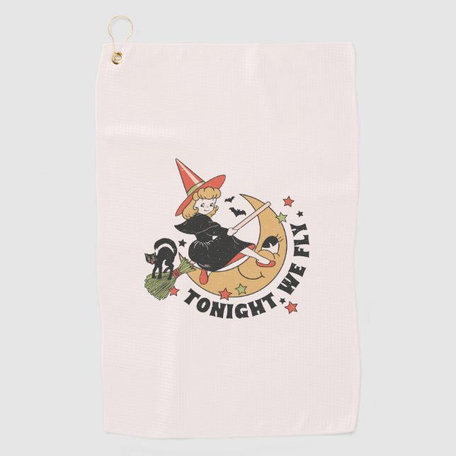 Tonight We Fly – Cute Witch and Black Cat Golf Towel (Front)