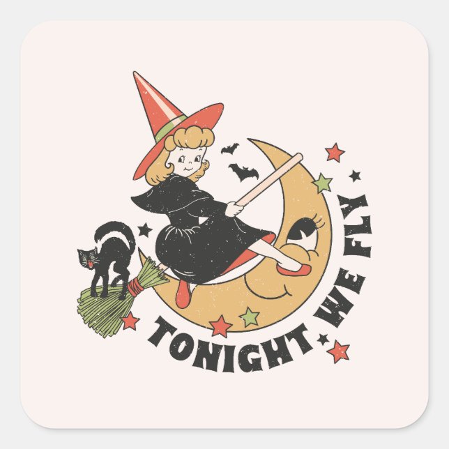 Tonight We Fly – Cute Witch and Black Cat Square Sticker (Front)